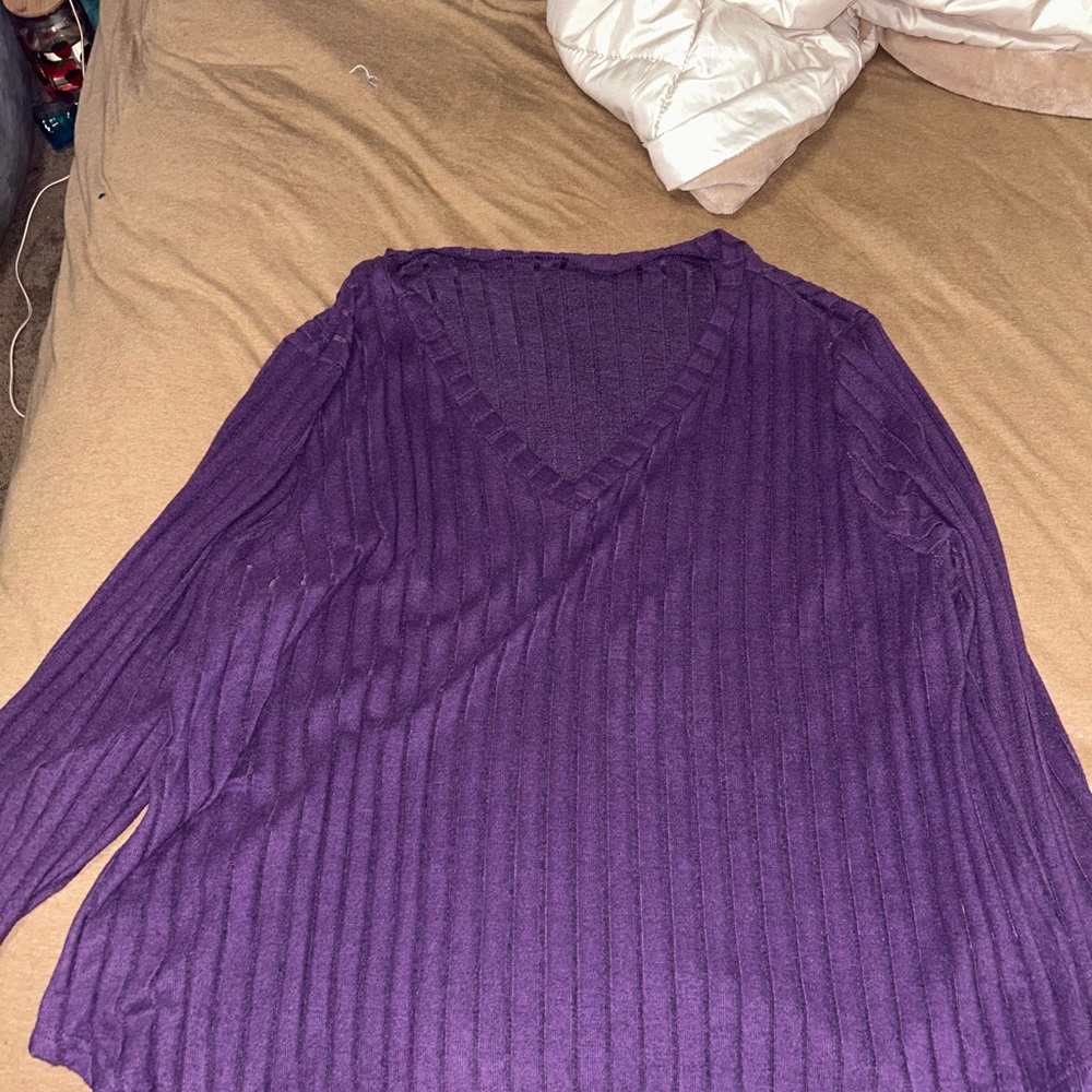 Purple V-Neck Ribbed Sweater